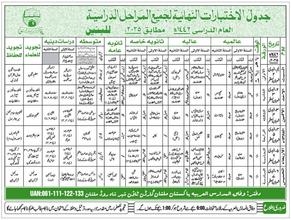 Wifaq ul Madaris Exam Date Sheet 2025 1446